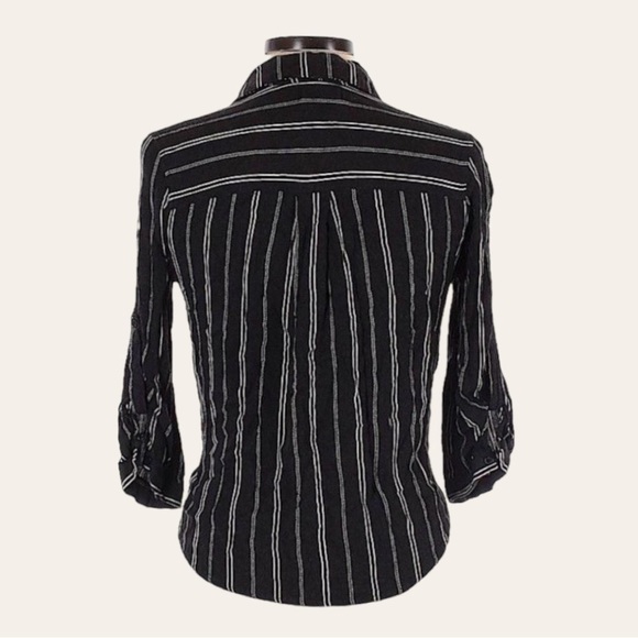🌺 Vixbe Thompkins 3/4 Sleeve Roll Tab Button Down Tie Front Stripe Shirt Size S - Picture 2 of 9